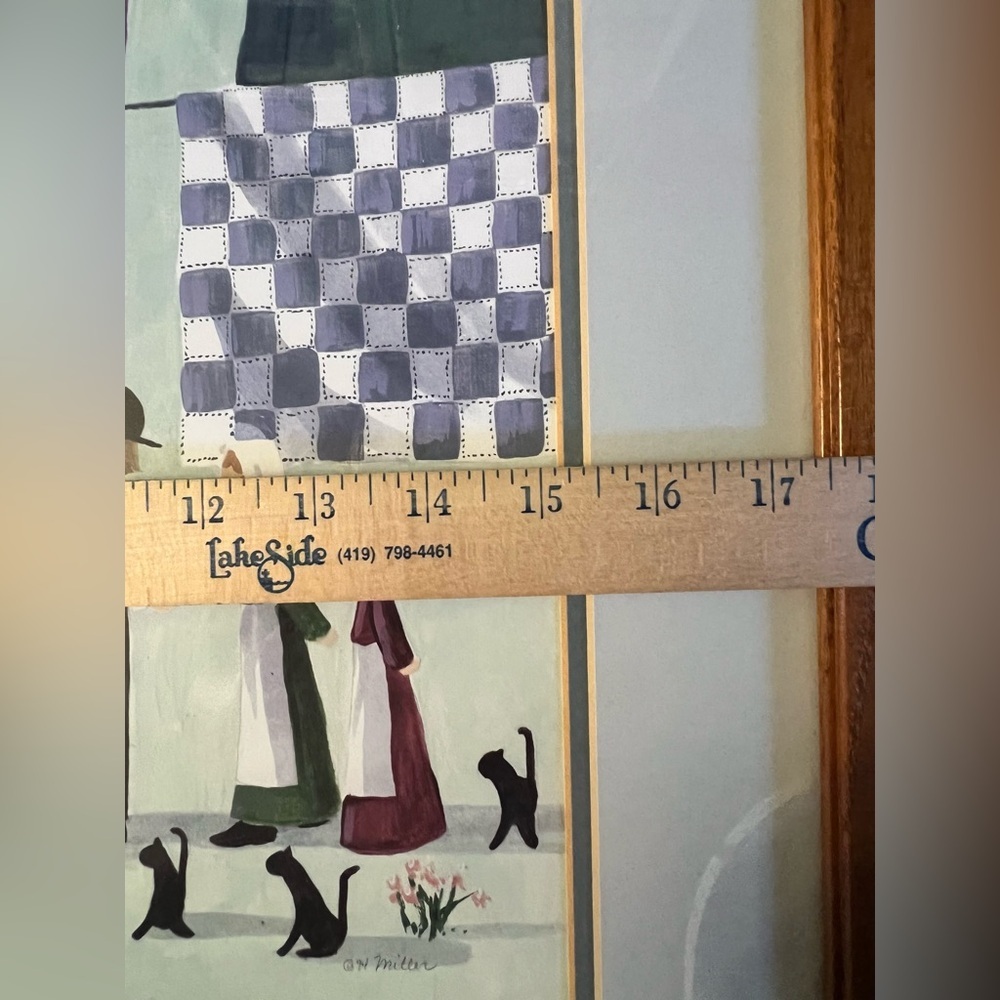 Framed Watercolor Art- Amish Quilting With Cats, Signed by Artist Miller 1994 - Picture 9 of 12